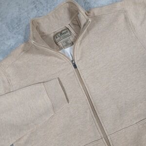 LL Bean Sweater Men's M Full Zip Fleece Beige Moc Thick Cotton Blend